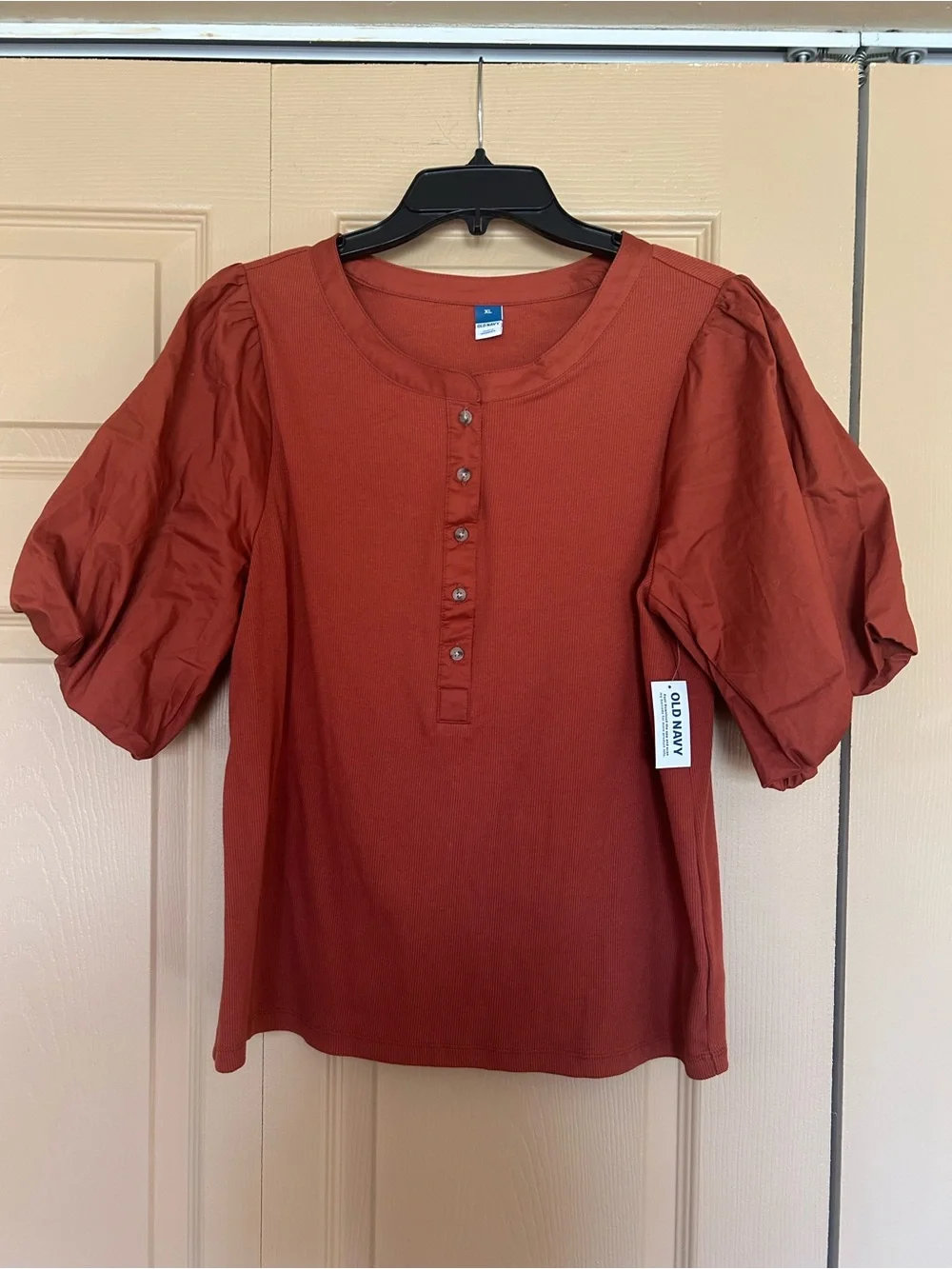 Old Navy Women's Burnt Orange Puff-Sleeve Henley Top